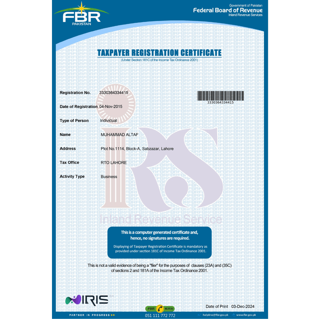 Federal Board of Revenue Certificate